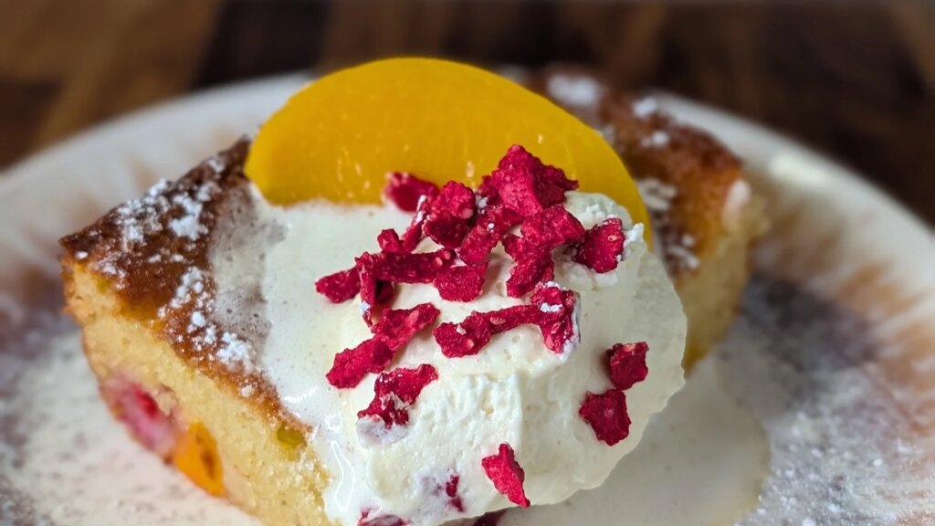 Mags Roches One-Bowl-Vanillekuchen mit Pfirsich und Himbeere: Heute