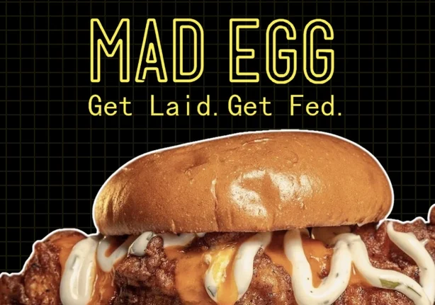 Mad Egg Burger und Werbung